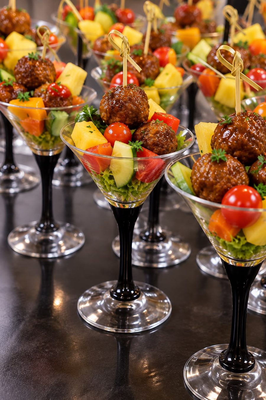 Appetizer cups with meatballs and fresh fruit