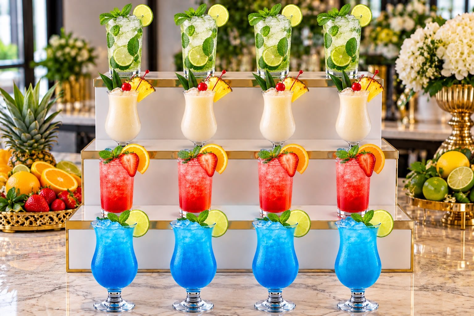 Tiered display of layered fruit juices in glasses
