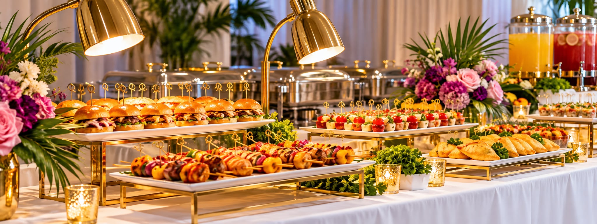 Full-service appetizer buffet: sliders, chicken skewers, caprese bites, pastries and fresh juices on gold stands
