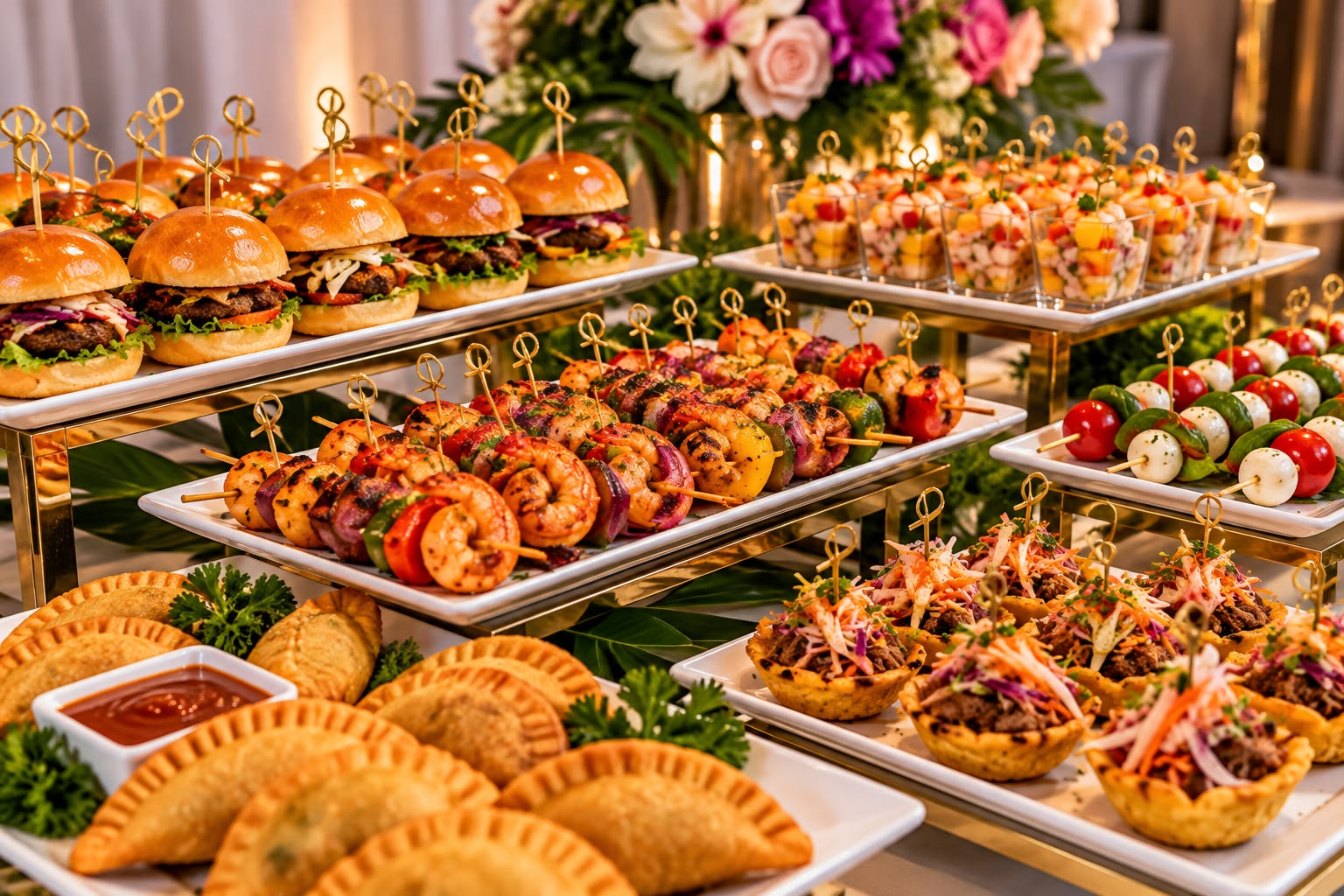 A GR Plus appetizer spread: sliders, shrimp skewers, empanadas and plantain cups on gold-trimmed stands