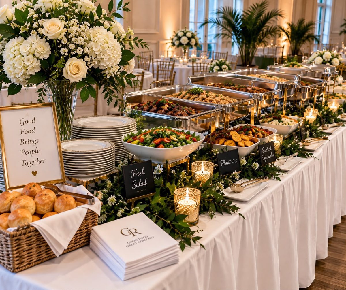 A full buffet line with chafing dishes, flowers and signage