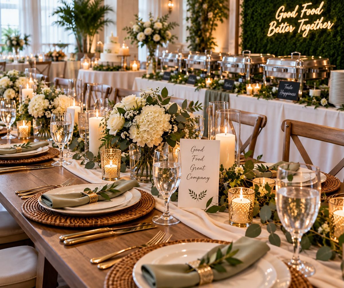 A long banquet table dressed with candles, flowers and green napkins
