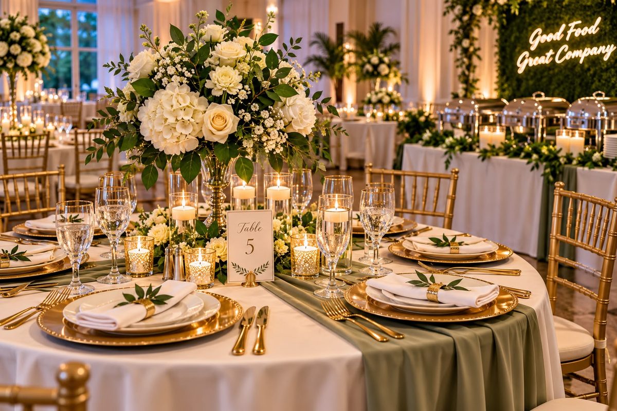 A round table dressed with gold chargers, candles and greenery