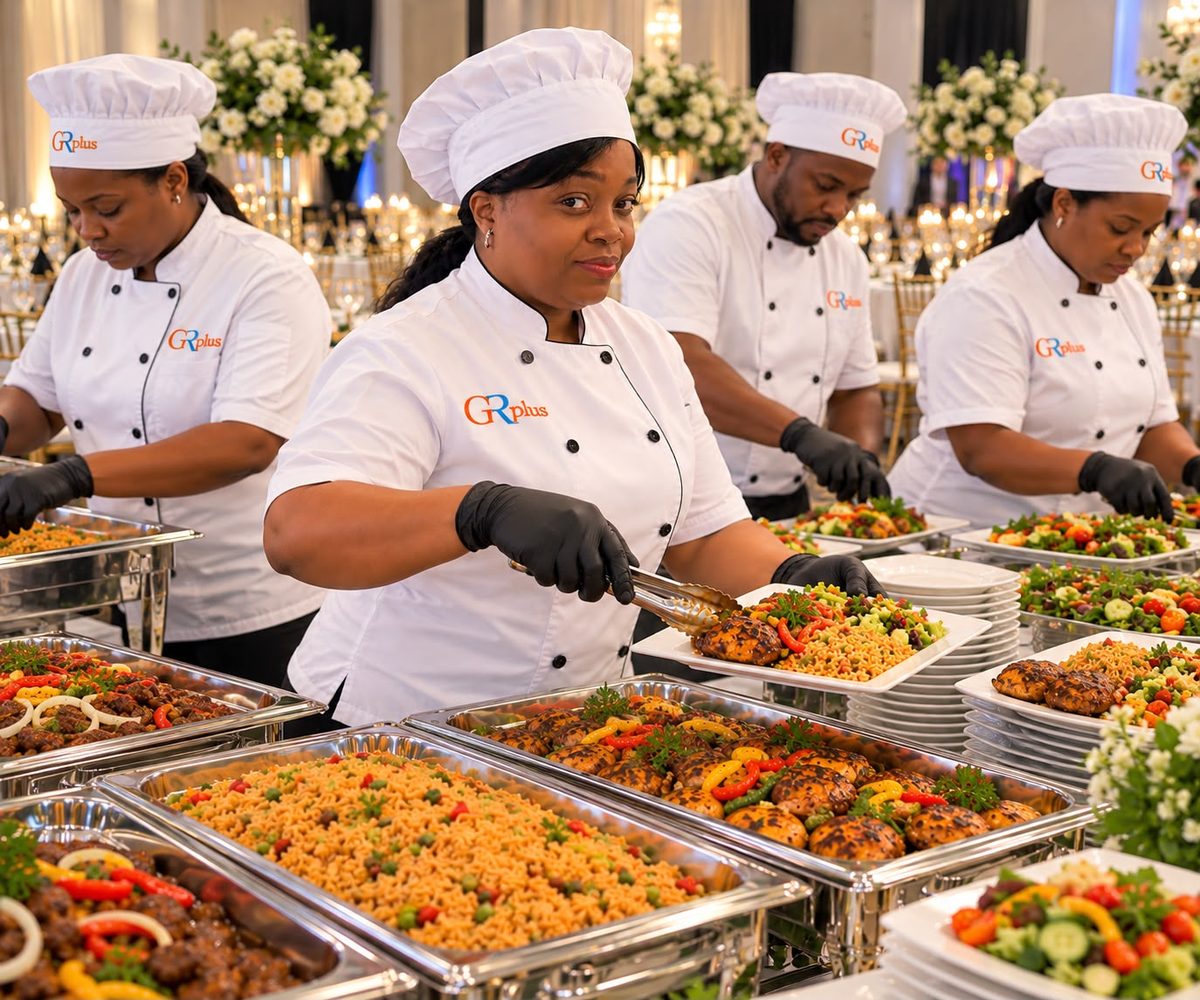 The GR Plus chef and her catering team serving a buffet
