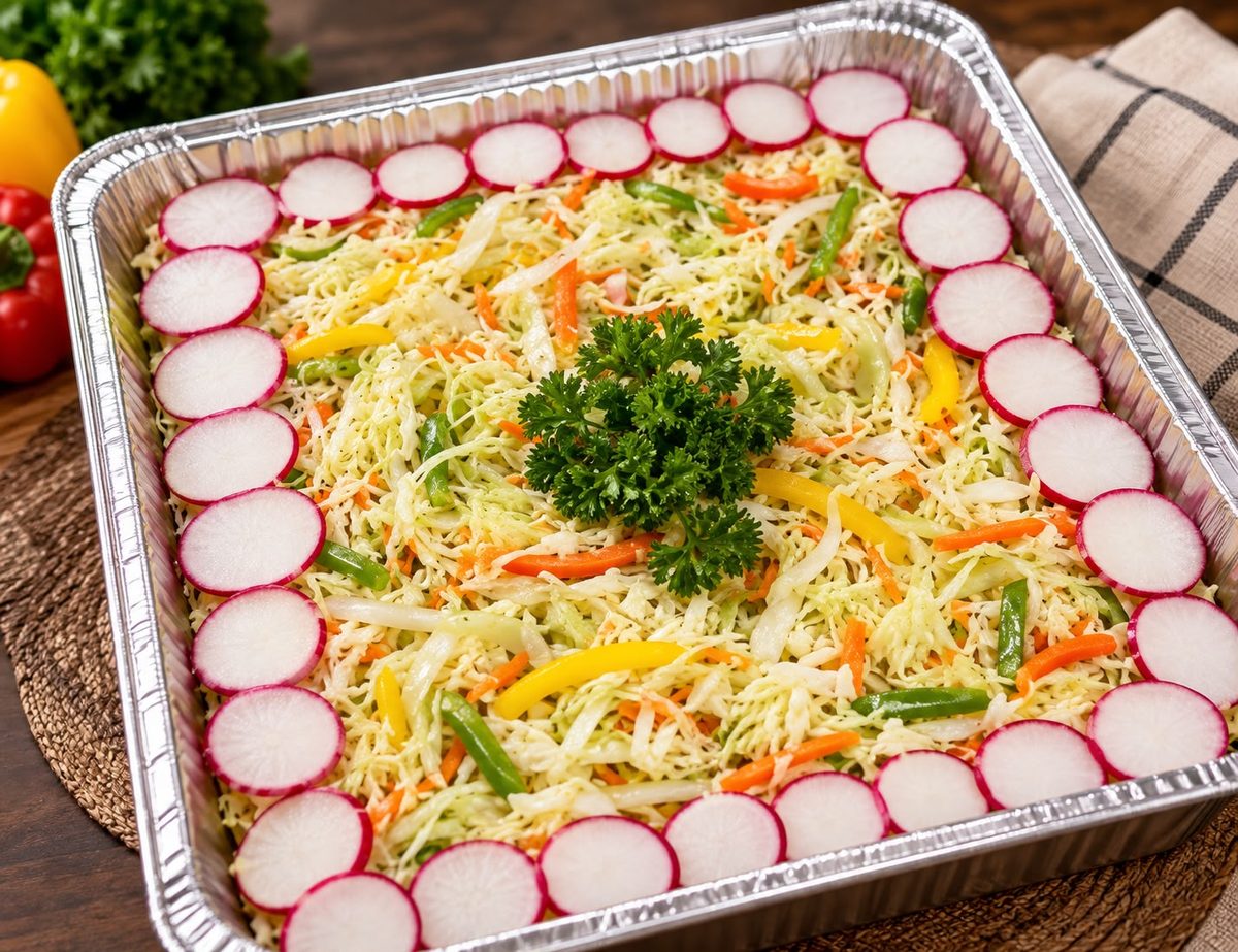 Fresh cabbage salad with a radish border in a catering tray